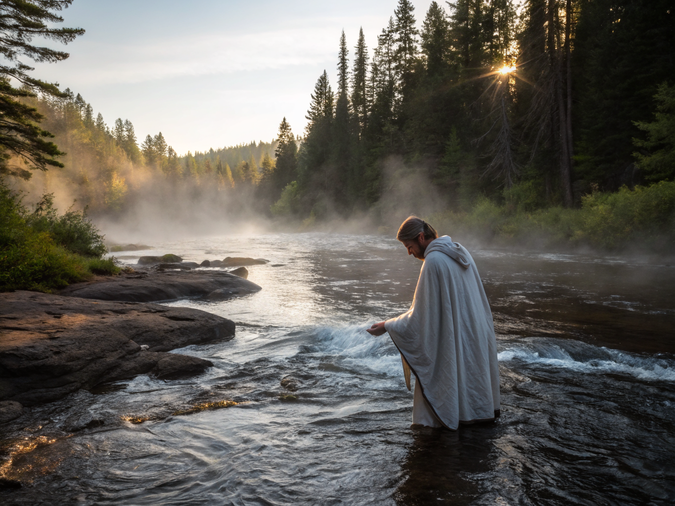 Participants practicing breathwork by a natural creek