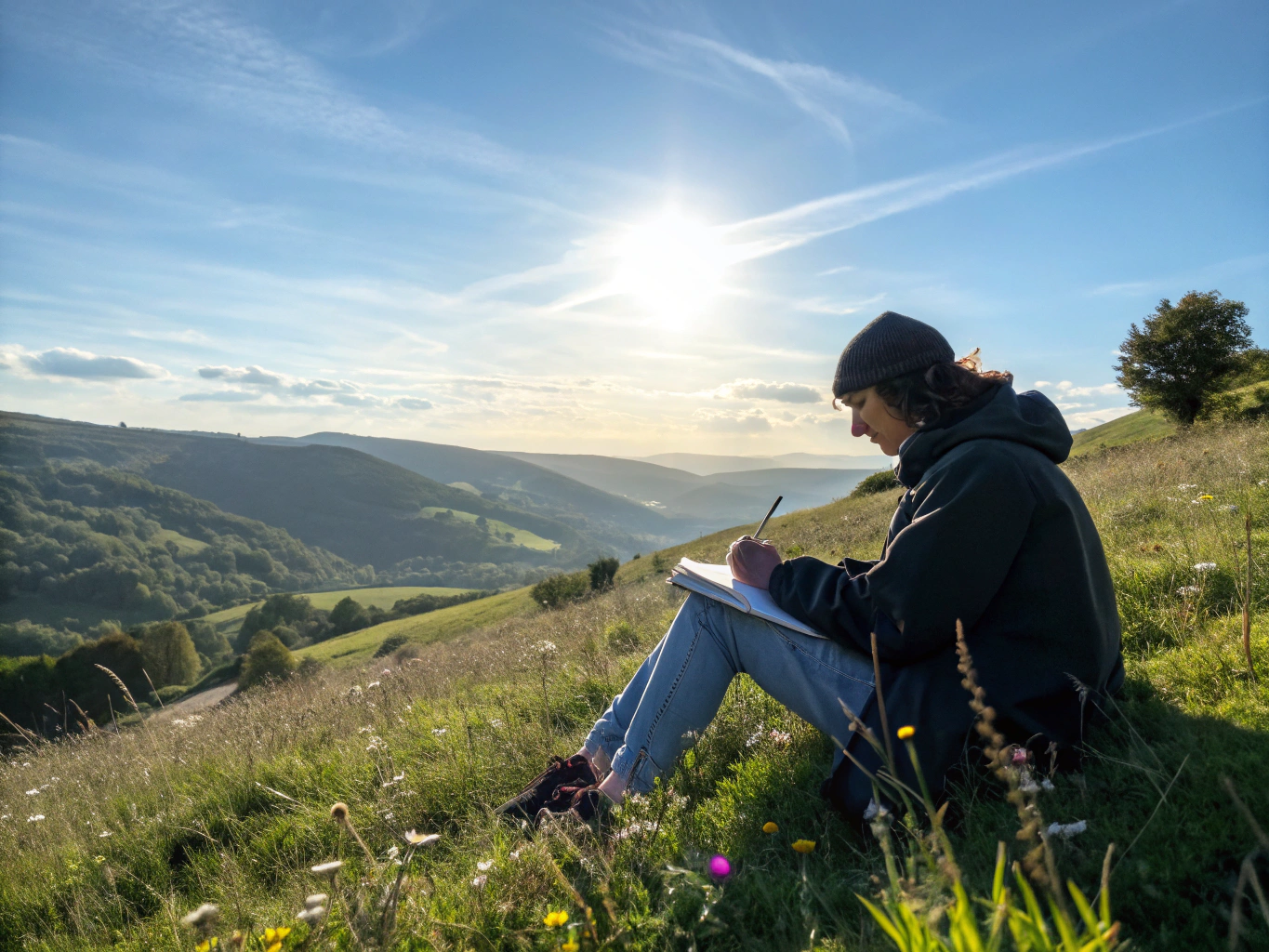 Journaling session in a sun-drenched meadow