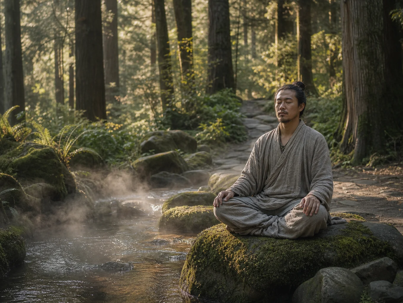 Person meditating in a sunlit forest clearing